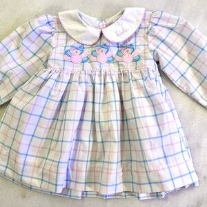 Smocked Thanksgiving top with monogrammed, embroidered name “kate” on collar